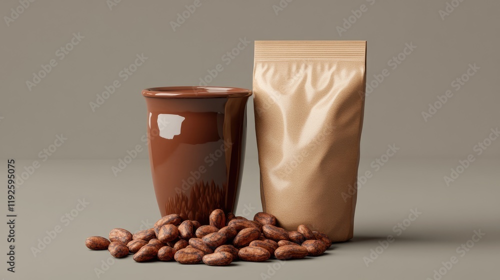 Poster Cocoa drink in a brown cup with cocoa beans and packaged cocoa on a gray background showcasing a rich chocolate theme.