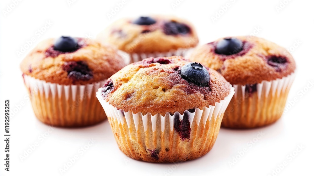 Poster blueberry muffins neatly arranged on a white background showcasing their tempting texture and juicy 