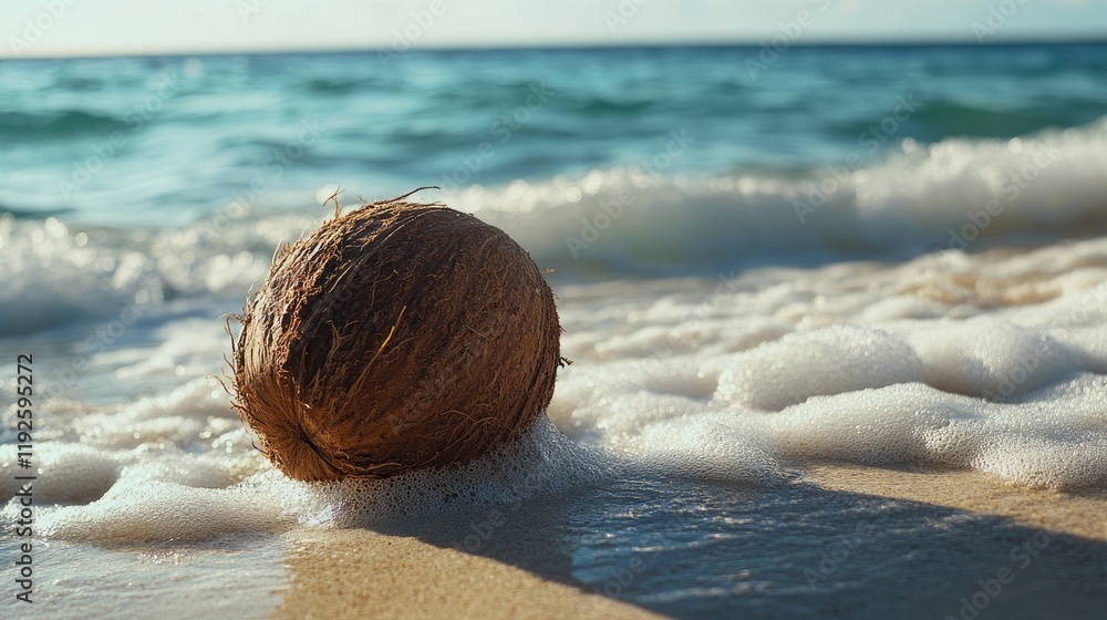 Aufkleber coconut resting on sandy beach shore with gentle waves and foam in serene tropical setting at sunset