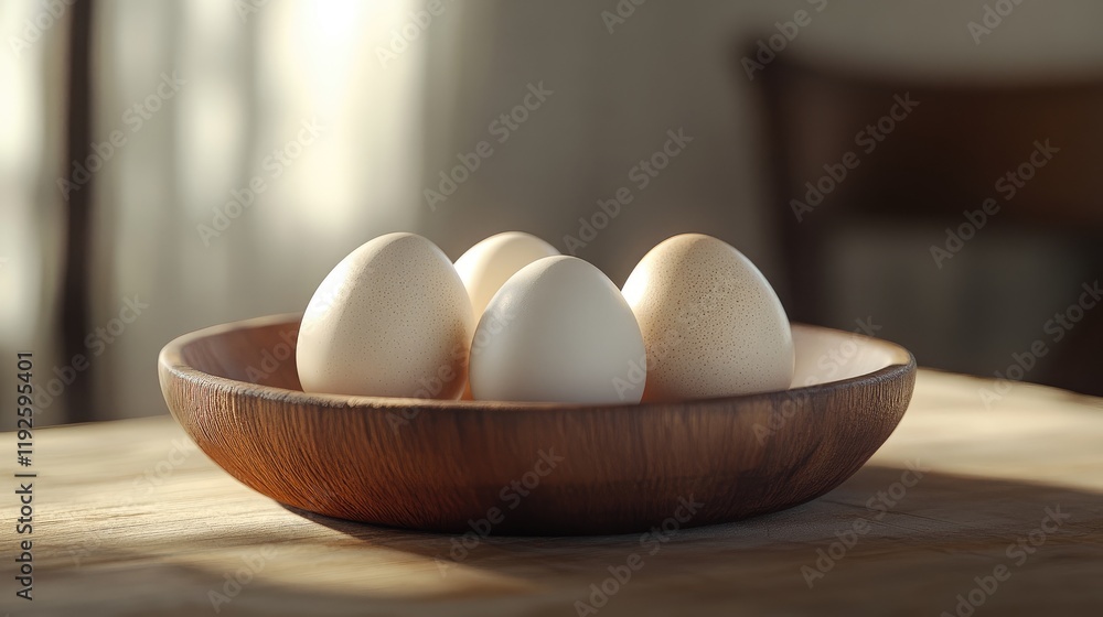 Poster organic eggs displayed in a rustic wooden bowl on a table with soft natural lighting showcasing thei
