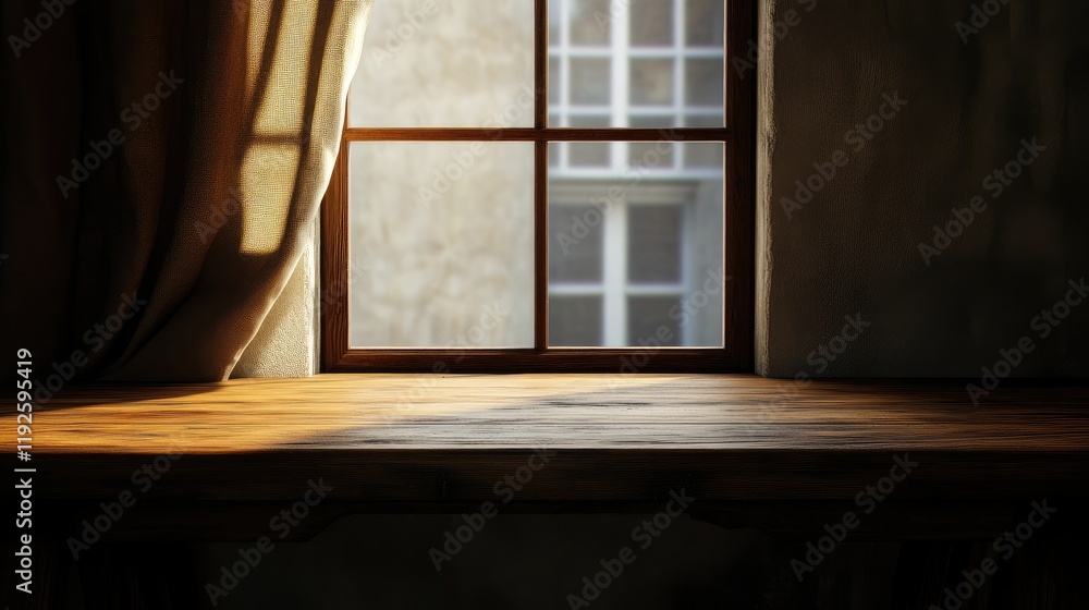 Poster wooden tabletop by window with soft light ideal for showcasing products in a cozy and inviting setti
