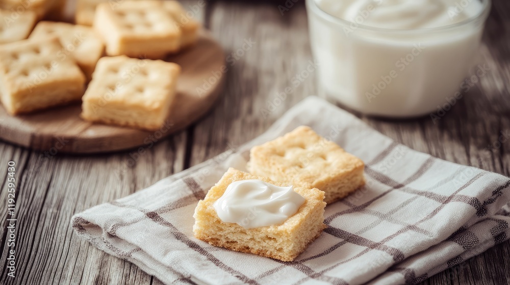 Poster closeup of delicious shortbread squares served with yogurt on a checkered napkin on a rustic wooden table setting