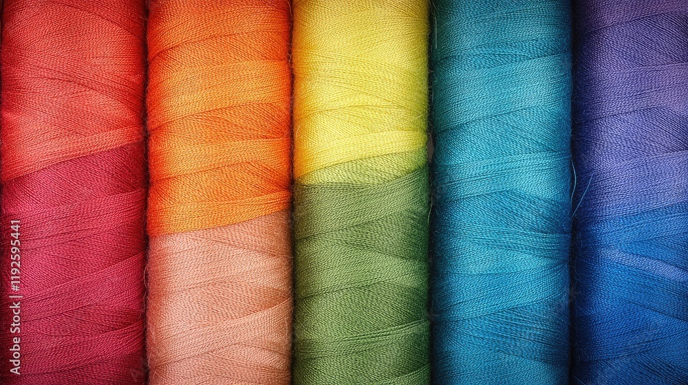 Poster vibrant rainbow spools of thread displayed in a textile studio with rich colors for crafting and sew