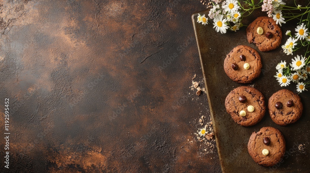 Poster delicious chocolate chip cookies on a rustic baking sheet with daisies creating a cozy kitchen atmos