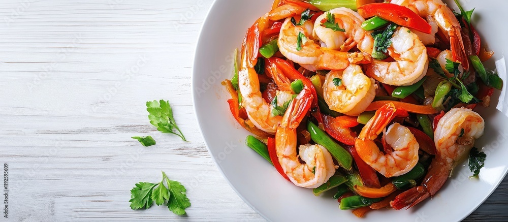 Poster colorful shrimp stir fry with fresh vegetables on a white plate and ample space for customized text 
