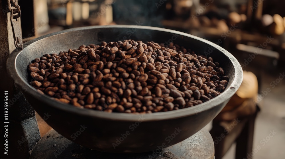 Poster cocoa beans in a rustic bowl on a workshop table highlighting the richness of chocolate production