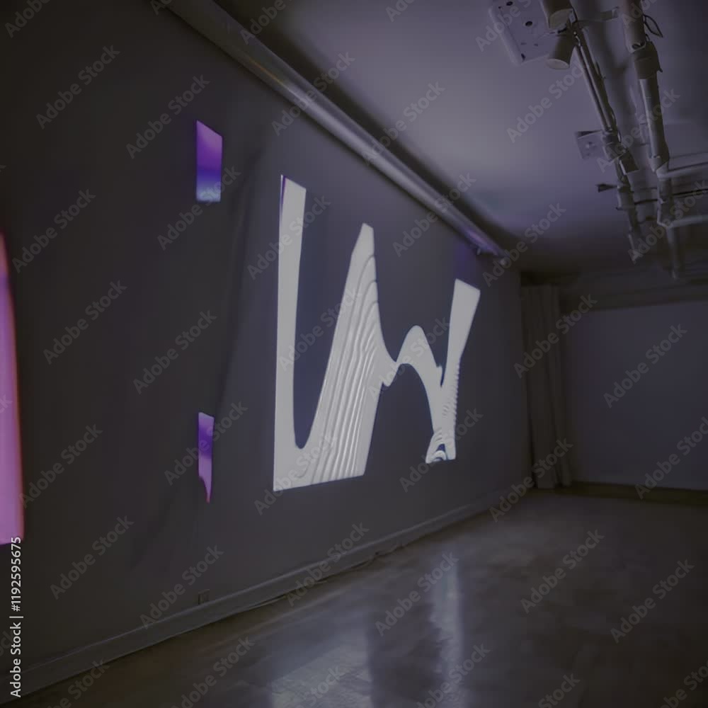 Poster digital artwork featuring vibrant geometric shapes displayed on a screen in a minimalist gallery spa