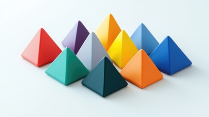 Obraz premium Vibrant pyramid shaped building blocks arranged on a clean white background for educational and creative play concepts.