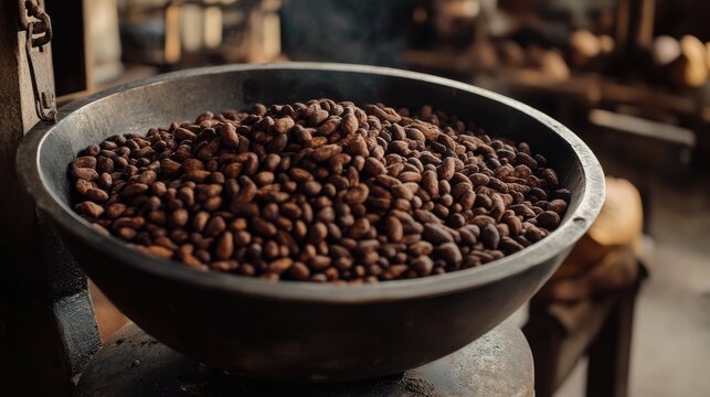 Cocoa Beans in a Rustic Bowl on a Workshop Table Highlighting the Richness of Chocolate Production