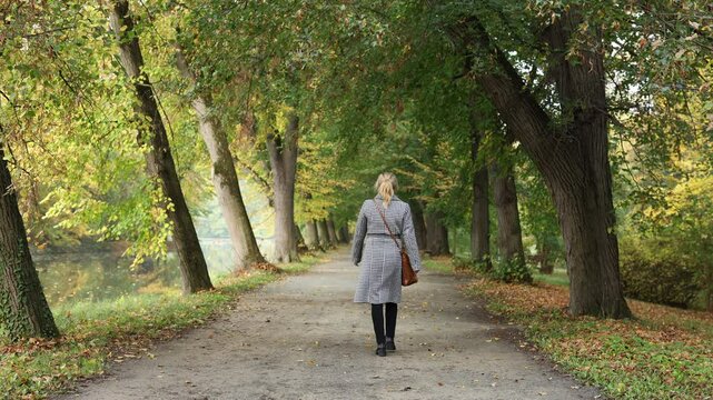 Fashionable woman wearing houndstooth coat walks in alley through autumn park