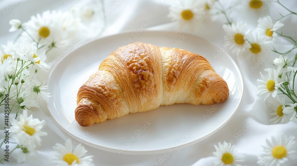 Poster croissant surrounded by white chrysanthemum flowers on a soft background creating a warm breakfast a
