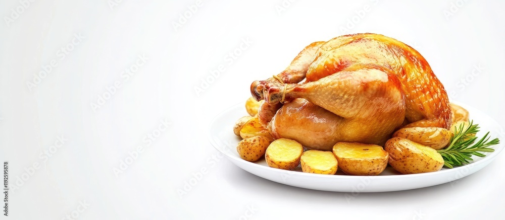 Aufkleber Roast chicken with golden potatoes on a plate and empty space for text in an inviting culinary presentation