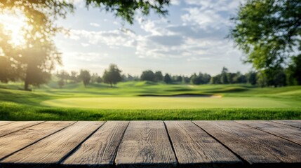 Wooden table mockup with blurred golf course background ideal for product display and promotional advertising purposes