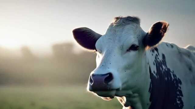 A domestic cow is grazing in a meadow