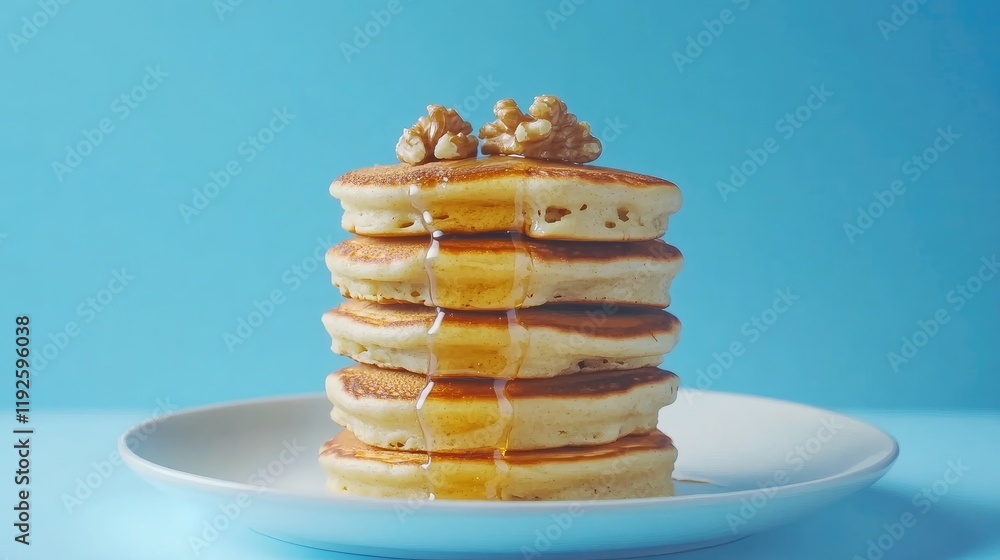 Poster stack of fluffy pancakes topped with banana walnuts and honey against a blue background perfect for 
