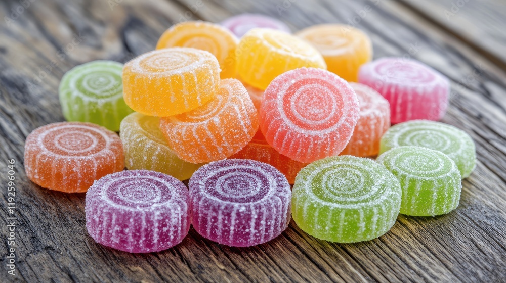 Poster Colorful assorted round candies with a sugar coating arranged on a rustic wooden table background for sweet treat imagery