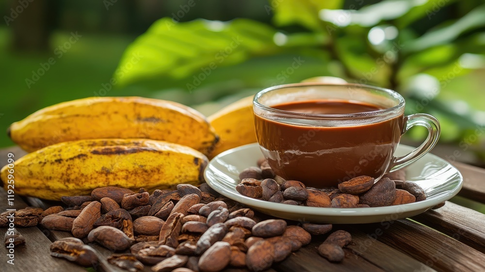 Aufkleber rich cocoa drink with cocoa beans and fresh cacao pods on a wooden table surrounded by lush green fo