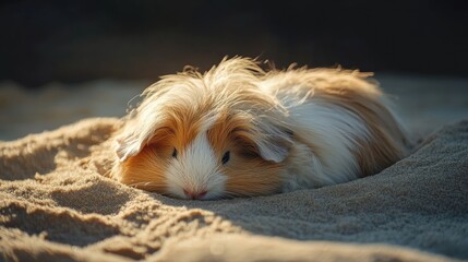 Domestic guinea pig with long white and brown fur peacefully resting on soft sandy surface in a warm natural setting.