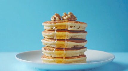 Stack of fluffy pancakes topped with banana walnuts and honey against a blue background perfect for a homemade breakfast treat