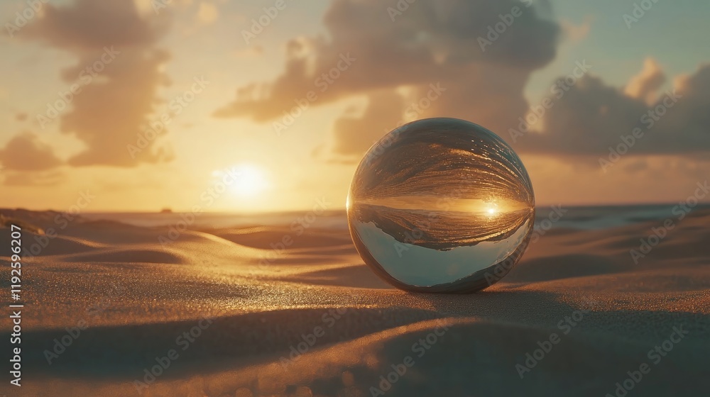 Aufkleber crystal ball on beach at sunset reflecting tranquil scenery with warm golden hues and gentle waves c