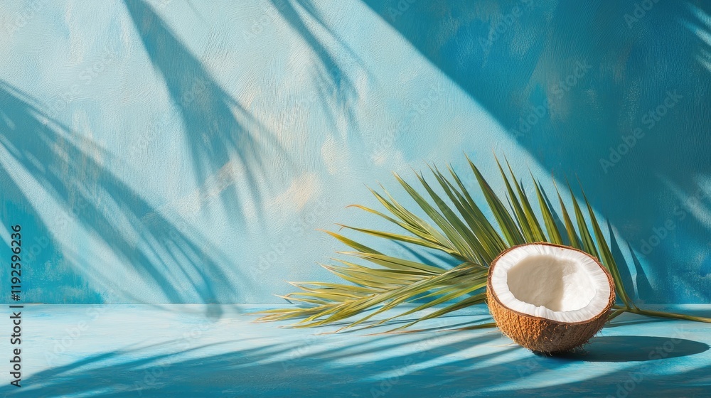 Poster coconut half and palm branch casting shadows on a blue background creating a tropical and serene atm