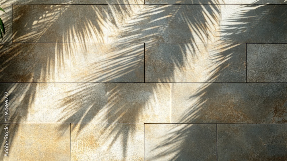 Poster floor tiles with palm leaf shadows creating a serene sunlight ambiance in a minimalistic flat lay ba