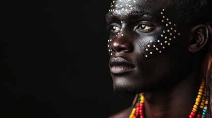 Indigenous man with traditional face paint and accessories on dark background providing ample copyspace for text and branding opportunities