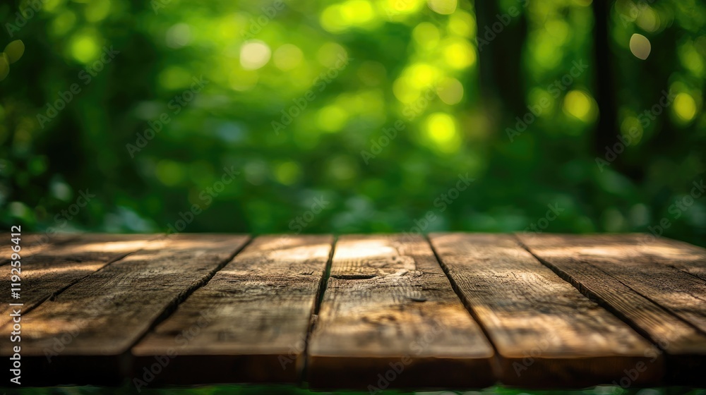 Poster wooden table top in nature setting ideal for product display with blurred green background high qual