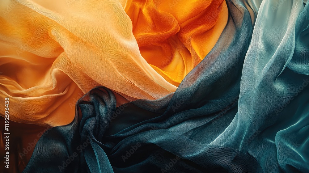 Poster elegant flowing silk fabric in vibrant hues of orange and teal showcasing texture and depth for styl