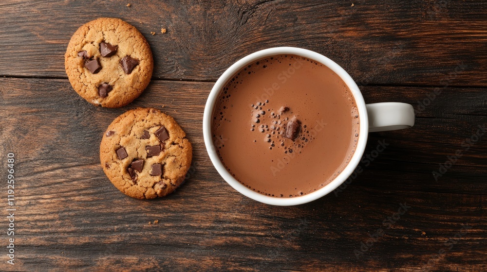 Aufkleber cozy hot cocoa with chocolate chip cookies on rustic wooden table flat lay image ideal for comfort f