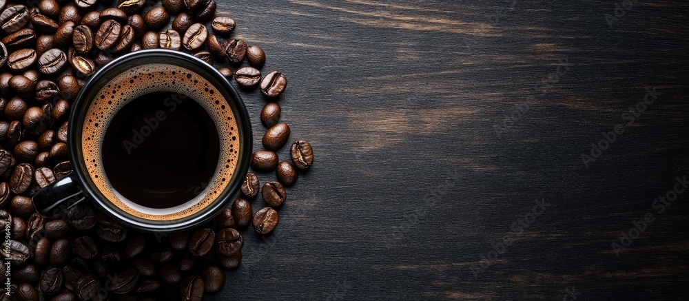 Poster Black coffee cup on dark wooden table surrounded by roasted beans with ample space for text and branding in a rustic setting