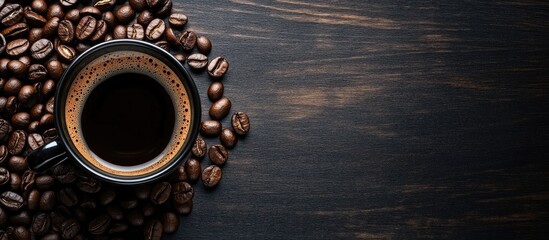 Black coffee cup on dark wooden table surrounded by roasted beans with ample space for text and branding in a rustic setting