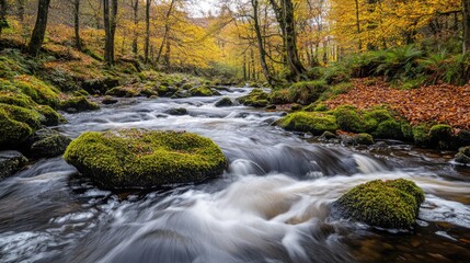Autumn forest stream with mossy rocks flowing through vibrant woodland landscape reflecting seasonal colors and tranquility