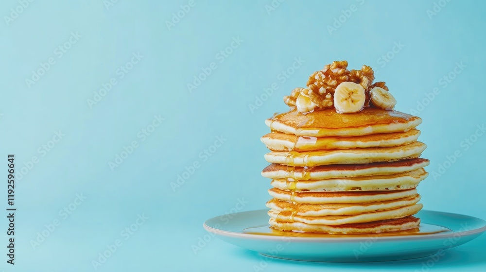Poster stack of fluffy pancakes topped with banana walnuts and honey against a blue background perfect for 