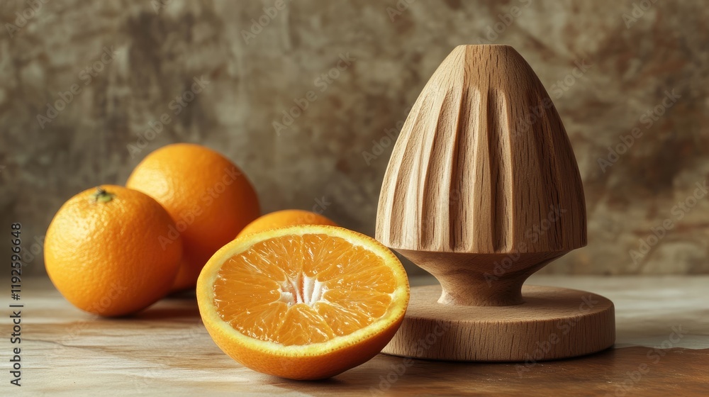 Poster Fresh Oranges and Elegant Wooden Juicer Displayed on Rustic Table Top for Culinary Inspiration and Juicing Concepts