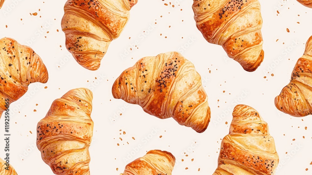 Poster Croissants arranged in a seamless pattern with a light background perfect for food-related designs and culinary themes
