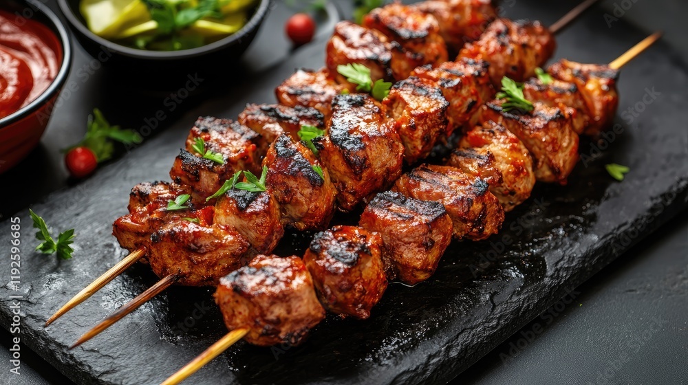 Poster spiced mutton skewers served on slate with fresh herbs and sides of dipping sauces and pickles on a 
