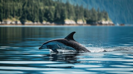 Fototapeta premium Dolphin Leaping Above Serene Waters in Natural Habitat Under Clear Blue Sky