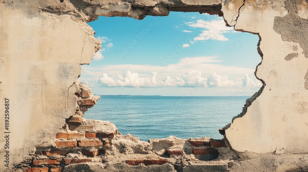 Poster crumbling wall framing serene ocean view with blue skies and white clouds in background perfect for 
