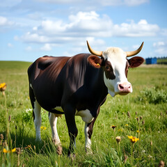 Closeup shot of a cow in a green meadow looking ahead - perfect for a background.