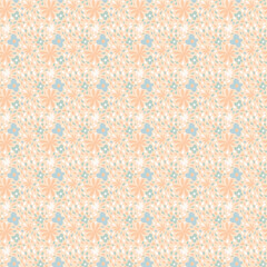 Soft pastel floral seamless pattern with peach blooms, blue flowers, and leafy accents—perfect for spring fabric, baby textiles, wrapping paper, and gentle decor.
