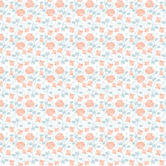 Peach and blue floral seamless pattern with hand-drawn roses on white&mdash;great for romantic textiles, spring decor, feminine stationery, and elegant craft projects.