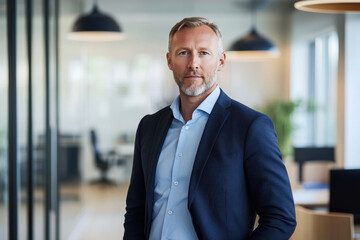 confident businessman in modern office setting, wearing suit and looking directly at camera, exuding professionalism and charisma