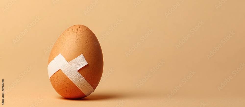 Poster fresh egg wrapped in a bandage on warm beige background with ample empty space for text or creative 