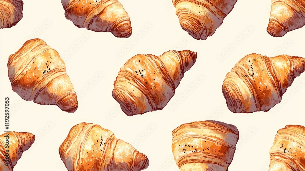 Poster Croissants arranged in a seamless pattern on a light background ideal for culinary designs and food-related projects