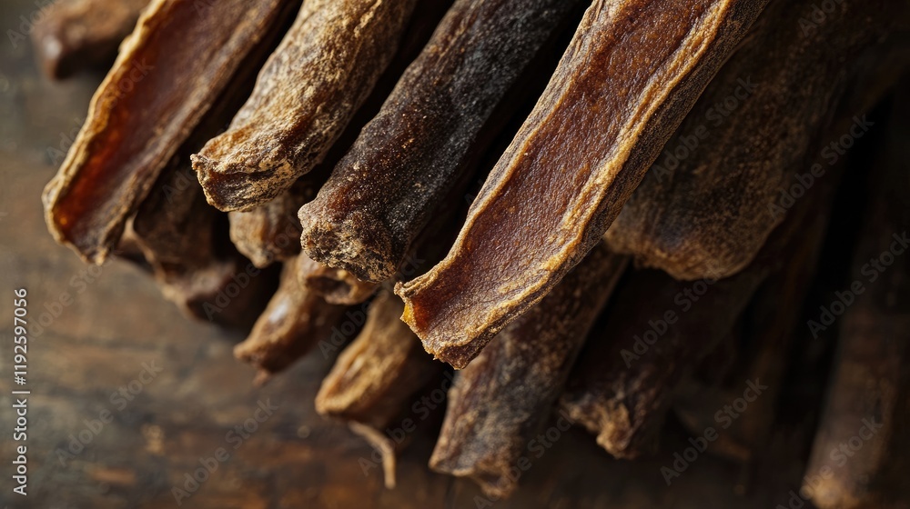 Poster close up of dried sausages on wooden surface showcasing texture and color in food and drink context.