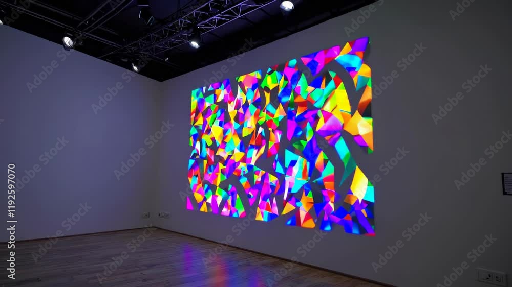 Poster digital art display featuring colorful geometric patterns projected