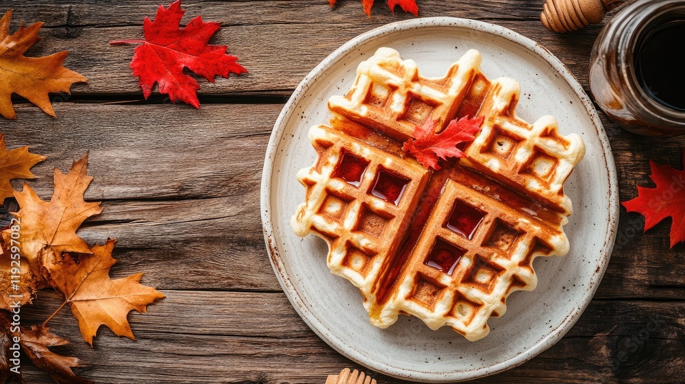 Poster Autumn Inspired Waffles with Maple Syrup and Fresh Maple Leaves on Rustic Table