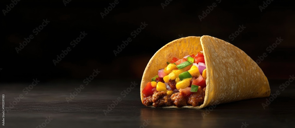 Poster tasty taco with colorful fillings on dark background showcasing empty space for text perfect for pro