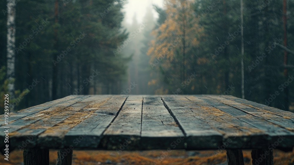 Poster wooden table in misty forest setting with natural background for rustic and outdoor themes